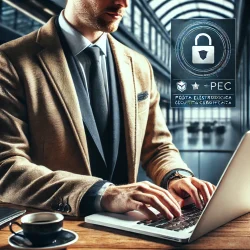 DALL·E 2025-03-13 09.34.54 - Una fotografia realistica di un uomo d'affari in giacca e cravatta, seduto alla scrivania, mentre registra la sua PEC (Posta Elettronica Certificata)