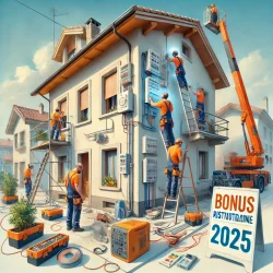 DALL·E 2025-03-19 14.46.12 - Un'illustrazione realistica che rappresenta una casa in fase di ristrutturazione con operai al lavoro. Un elettricista sta installando un nuovo impian